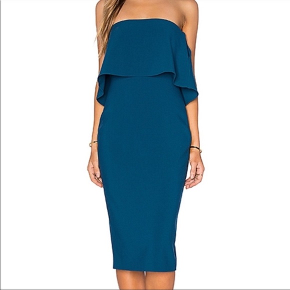 Likely Driggs Dress in Cerulean Blue Strapless Off Shoulder Ruffle Knee Length - Picture 1 of 5